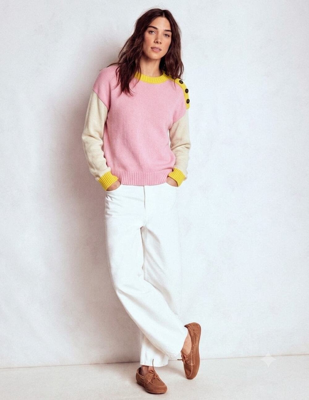 Boden Colorblock Button Shoulder Cotton Sweater Pink Yellow Cream Size M